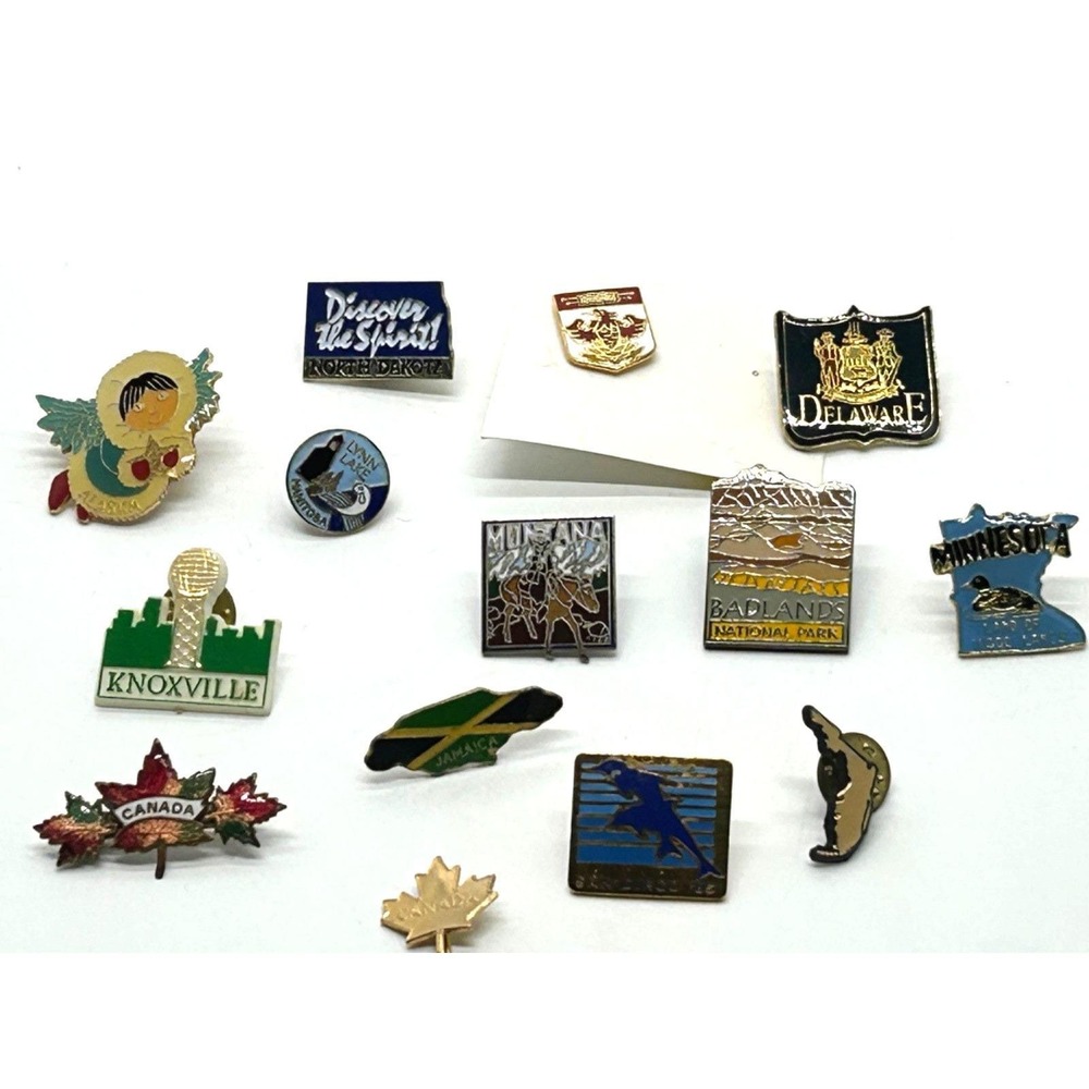 Lot of 14 Vintage Hat Lapel Pins Country State City Travel Tourist Souvenir